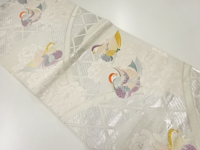 リサイクル　鴛鴦に牡丹模様織出し袋帯